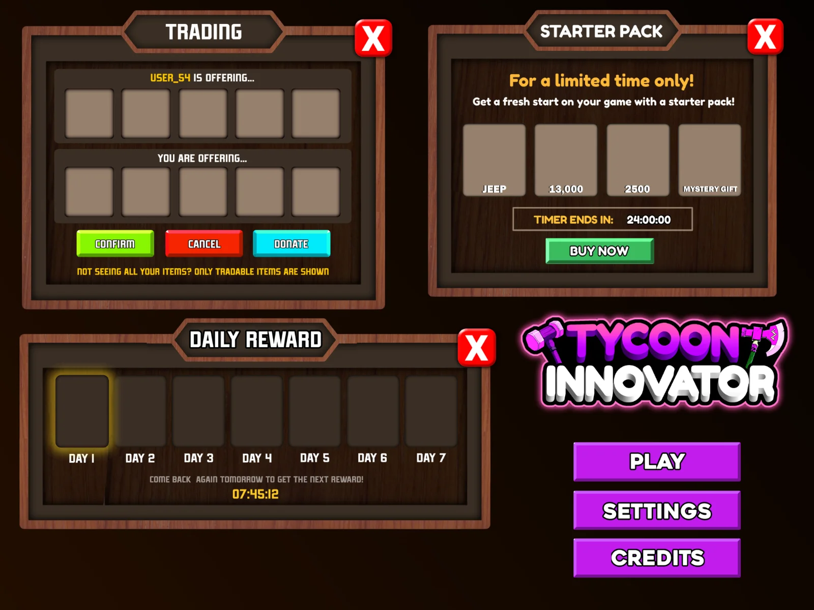Mobile game interface mockup with trading, starter pack, and daily reward panels, dark gradient background, brown and gold color scheme, buttons for play, settings, and credits.