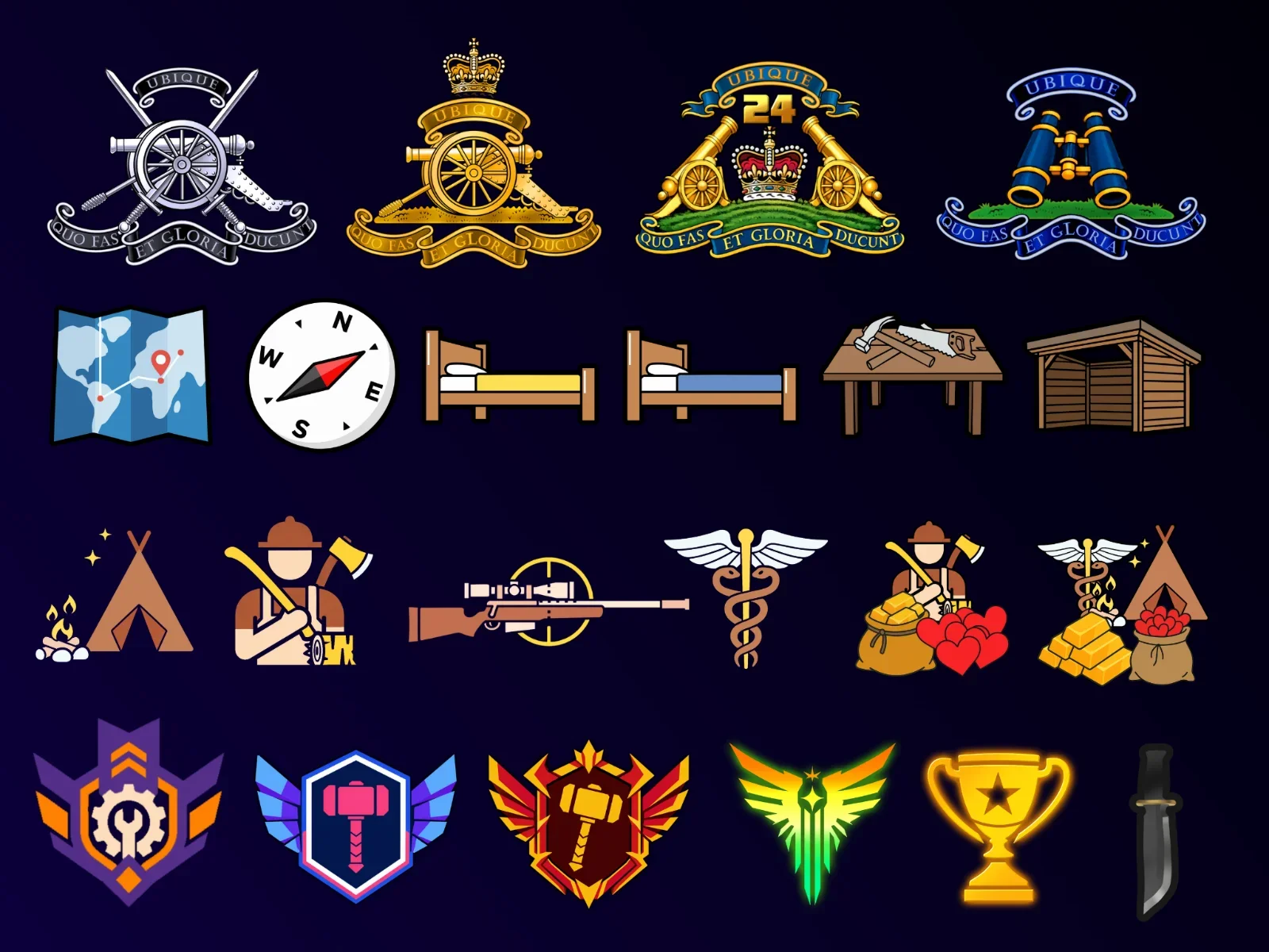 A sheet of twenty-four military-themed game icons on a dark blue background, including artillery crests, a map, compass, campfire, sniper rifle, caduceus, loot sacks, winged emblems, and a trophy, with the words UBIQUE and QUO FAS ET GLORIA DUCUNT.