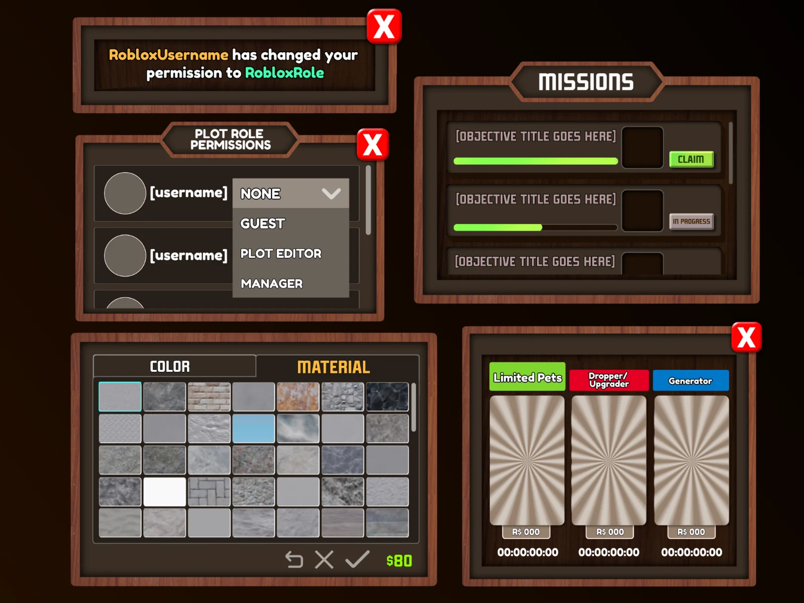 Dark wood-textured game interface mockup with permission, missions, color and material, and pet shop panels using placeholder text and radial icons.