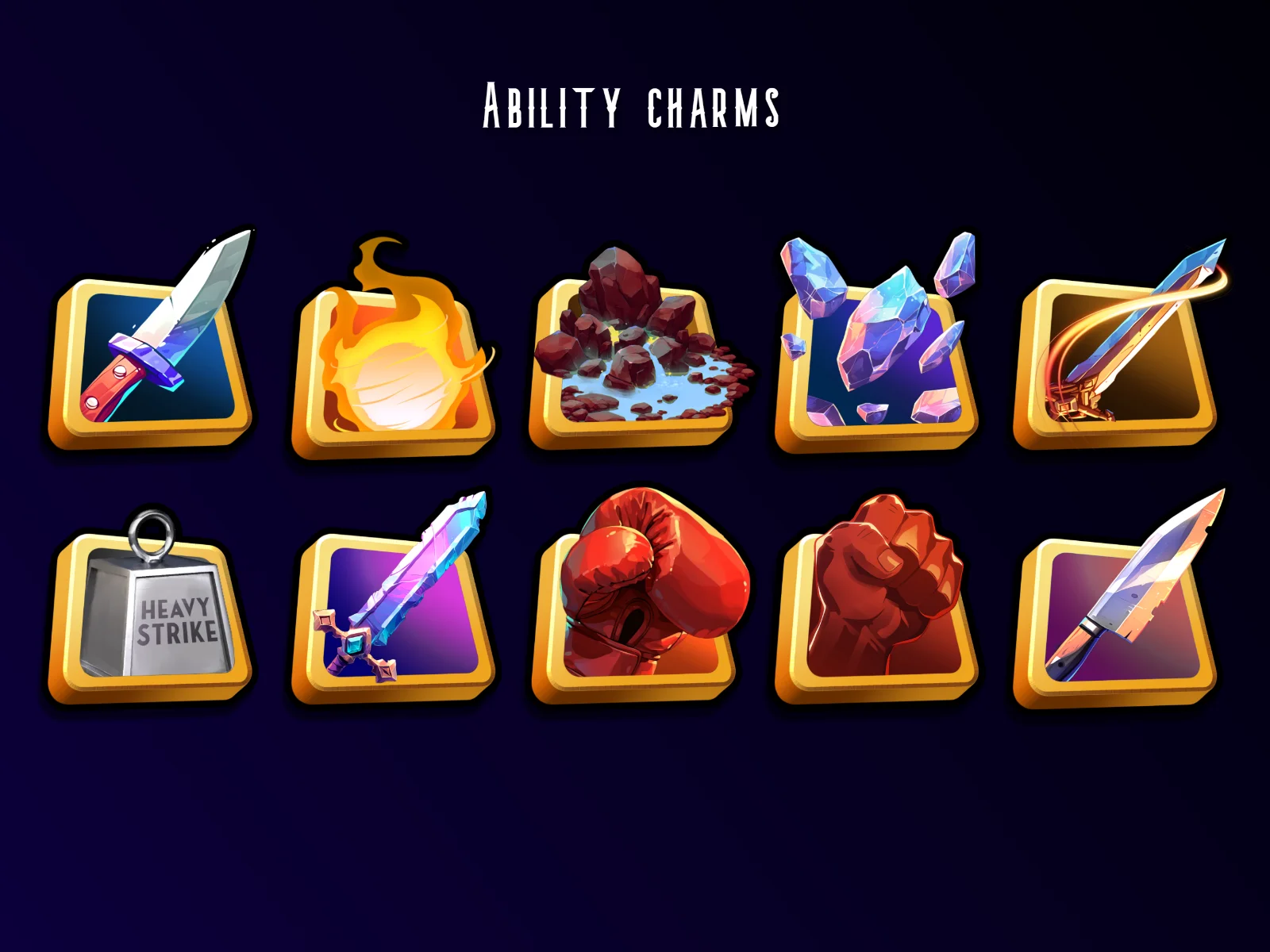 A dark blue sheet titled ABILITY CHARMS showing a two-by-five grid of gold-framed game icons including a dagger, fireball, rocks, crystals, glowing sword, heavy strike weight, blue sword, boxing glove, fist, and knife.