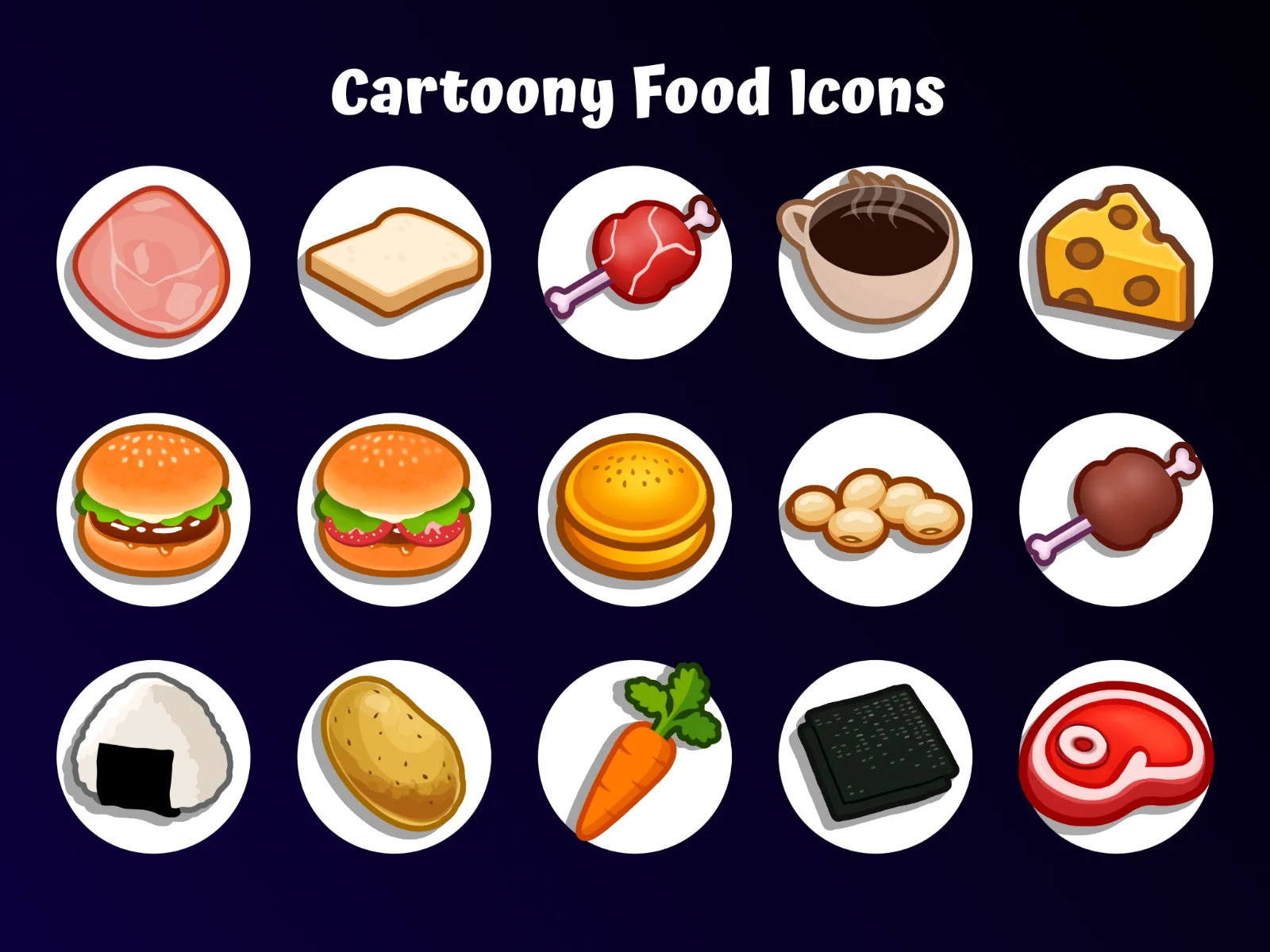A three-by-five grid of white food icons on a dark blue background, including a burger, bread, coffee, cheese, drumstick, carrot, and onigiri, under the heading Cartoony Food Icons.
