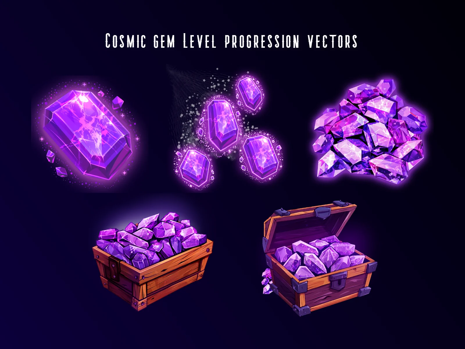Five purple glowing gem illustrations on a dark navy background: a large faceted block, floating shards, a loose pile, a crate of gems, and an open treasure chest.