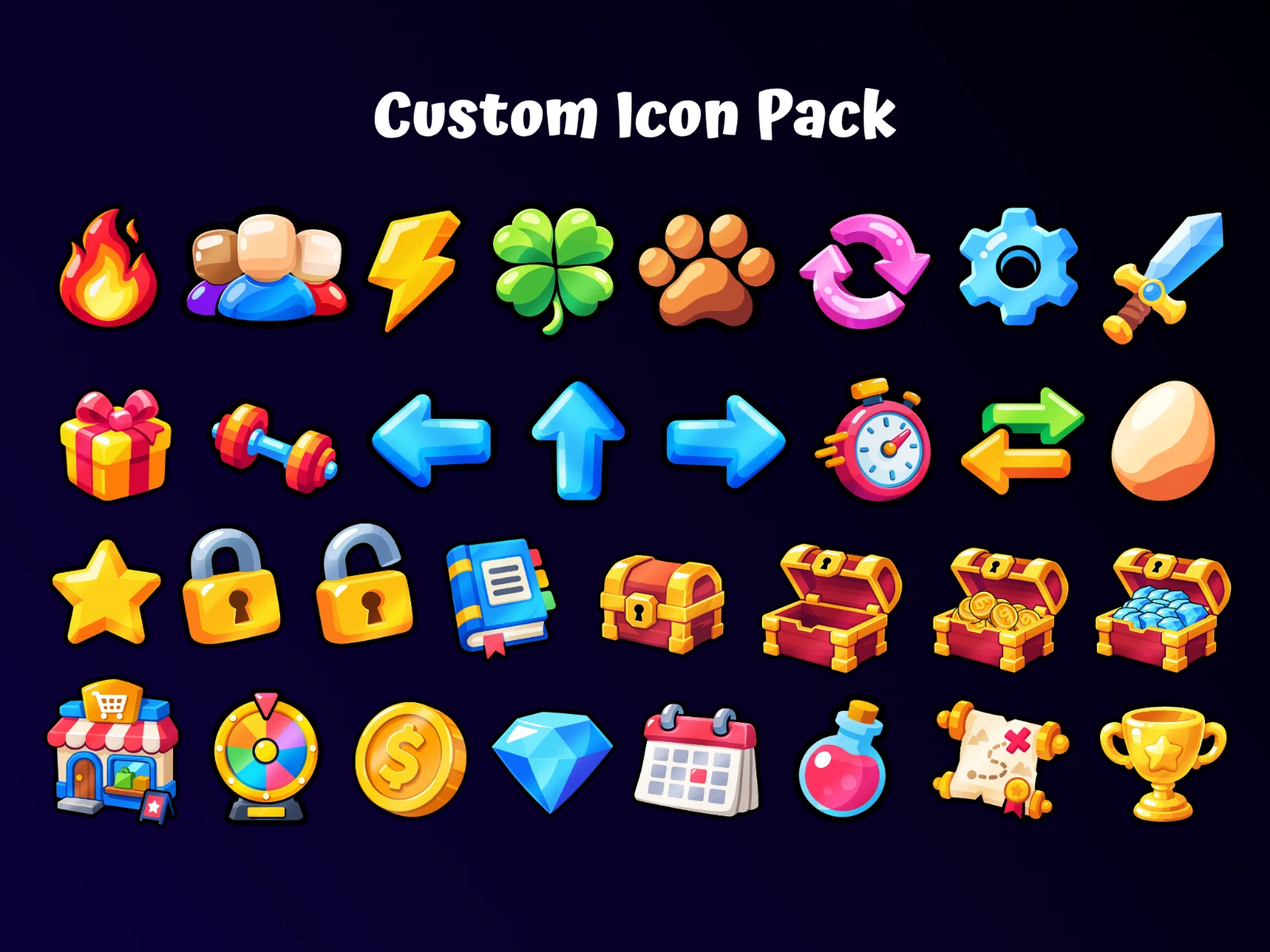 A 4x8 grid of 32 cartoon game icons including fire, lightning, paw, sword, gift, stopwatch, star, coin, diamond, potion, map and trophy on a dark navy background with a white title.