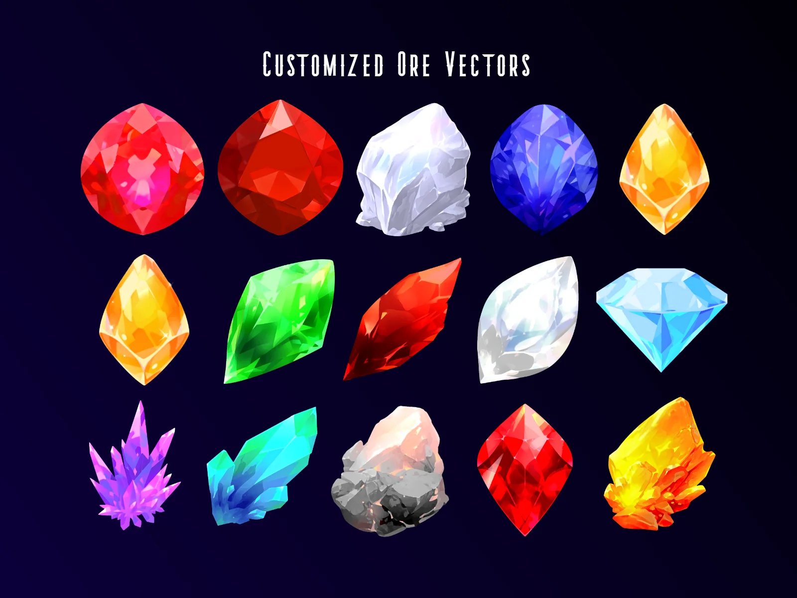 A 3x5 grid of fifteen gem and ore icons, including red round gems, faceted blue and orange stones, green marquise cuts, a purple spiky cluster, and grey rocks, on a dark navy background with white header text.