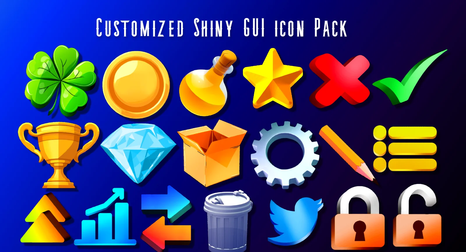 A header reading Customized Shiny GUI Icon Pack above eighteen glossy game-style icons including a clover, coin, potion, star, trophy, diamond, gear, and trash can, arranged in rows on a blue gradient background.