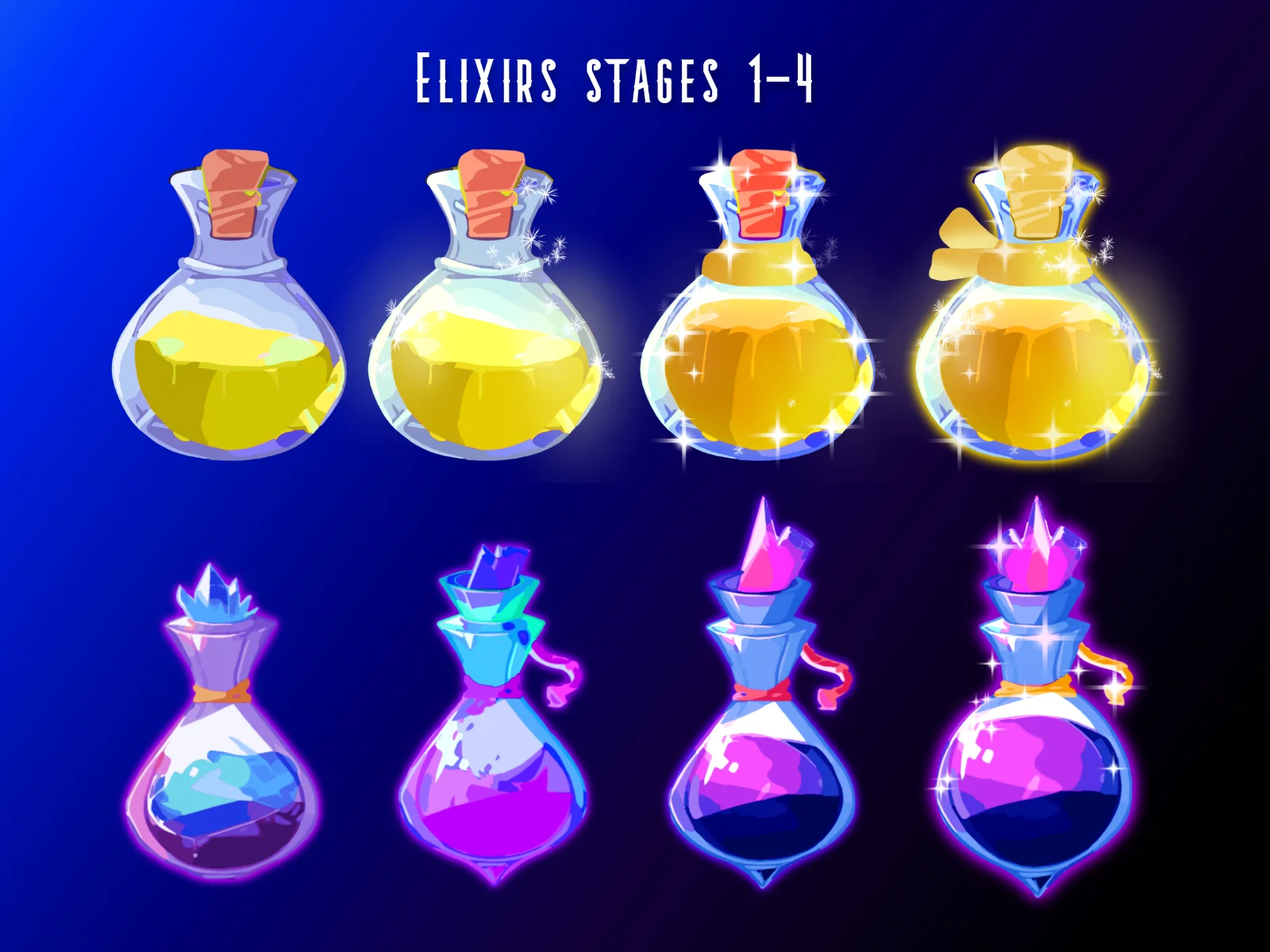 Two rows of four potion bottles on a blue gradient background, top row with yellow liquid and corks, bottom row with purple and blue liquid and crystal stoppers, plus glow and sparkle effects.