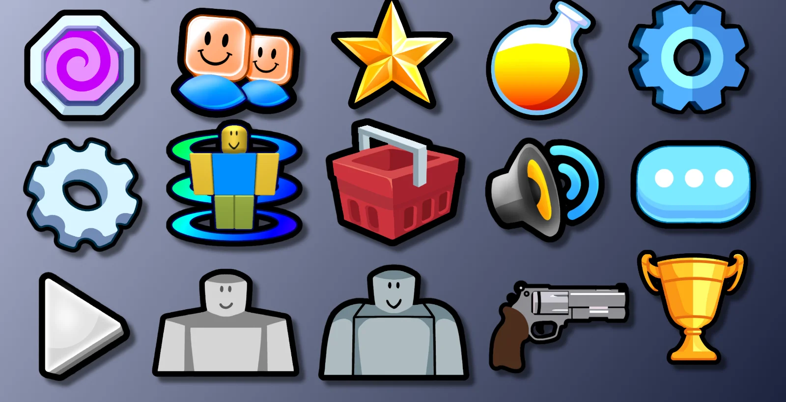A sheet of fifteen flat cartoon game icons on a dark gradient background, including a purple swirl, smiling block heads, a gold star, potions, gears, a revolver, a speaker, and a trophy.