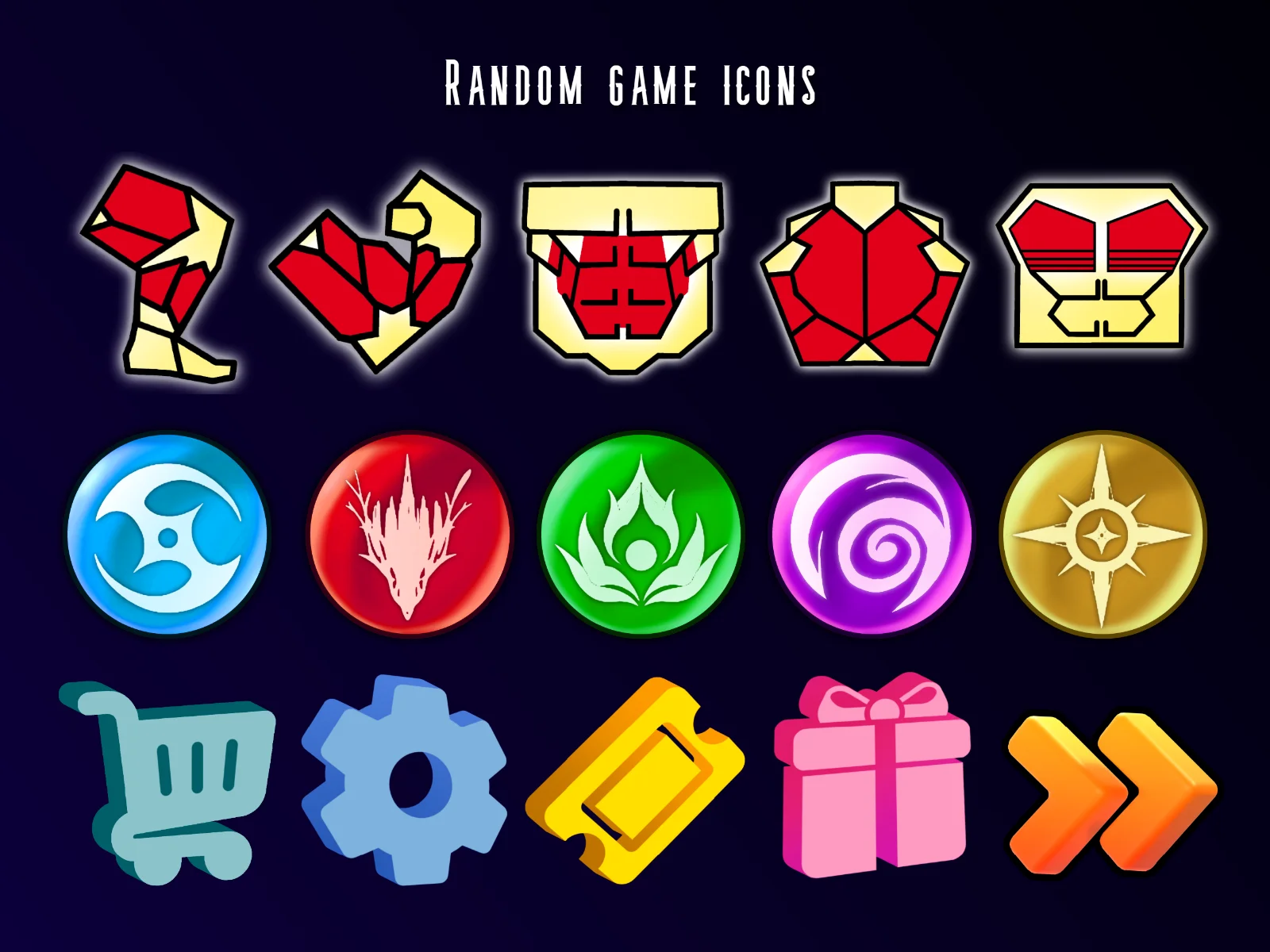 A sheet of fifteen game icons in three rows on a dark blue background, including armor pieces, a shuriken, a dragon, a flame, a gear, a ticket, and a gift, with the text RANDOM GAME ICONS at the top.