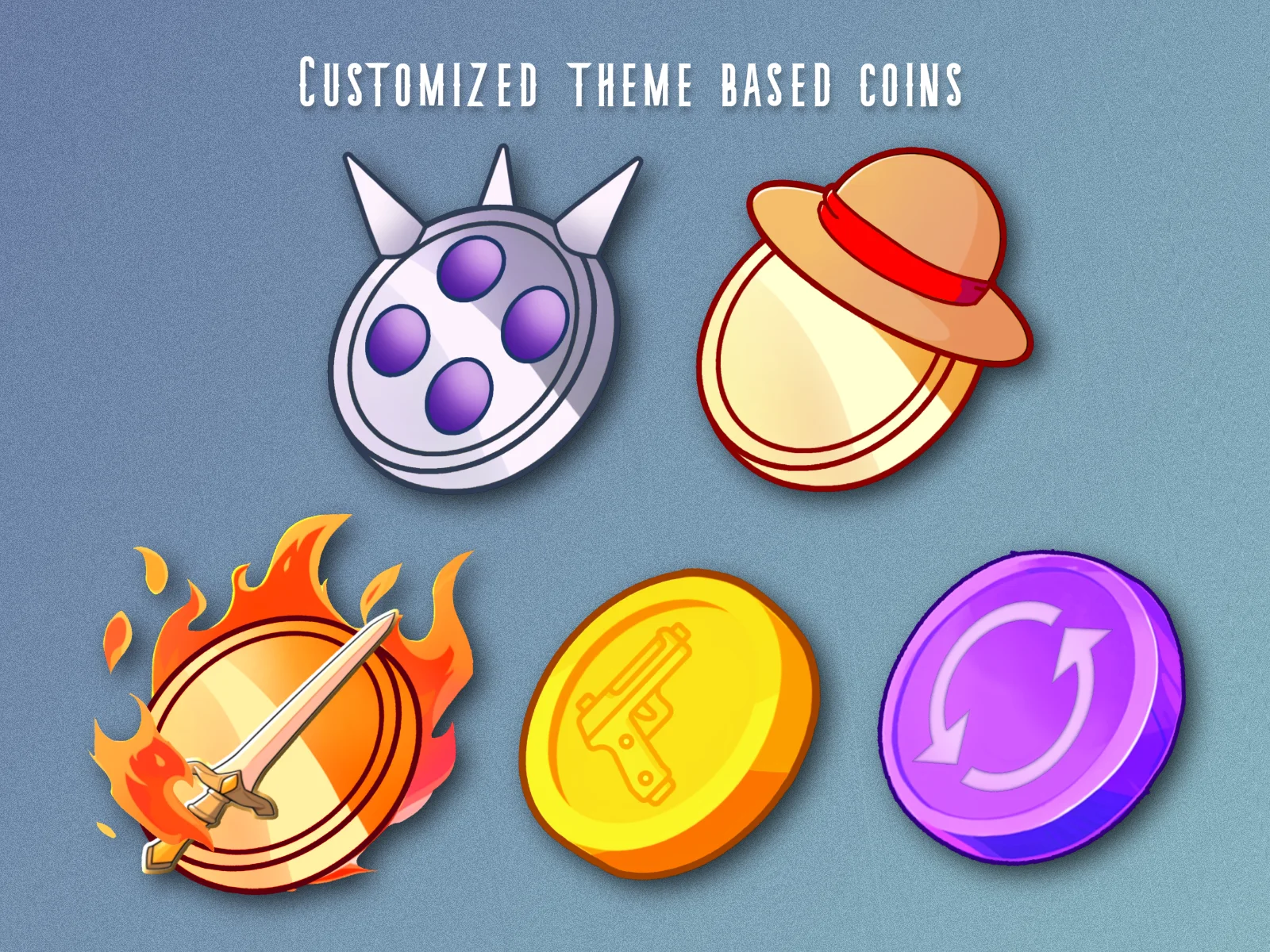 Five stylized game tokens on a textured blue-grey background: a spiked silver shield coin, a gold coin in a straw hat, a flaming coin with a sword, a gold pistol coin, and a purple coin with refresh arrows.