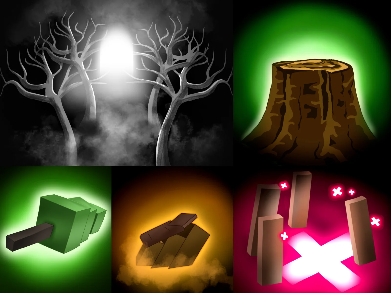 A grid of five game asset icons: foggy grayscale trees, a tree stump, a blocky green axe, wooden planks, and planks with a white cross, each with a colored glow.
