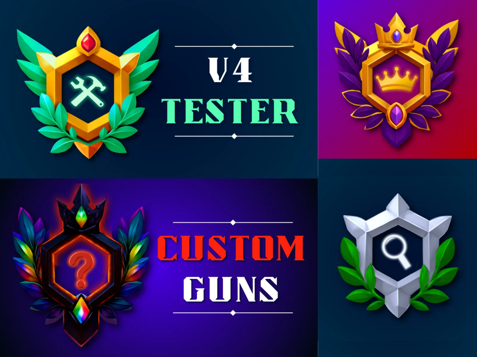 Four hexagonal game badges in a 2x2 grid: crossed hammers, crown, question mark, and magnifying glass icons, with V4 Tester and Custom Guns text labels.