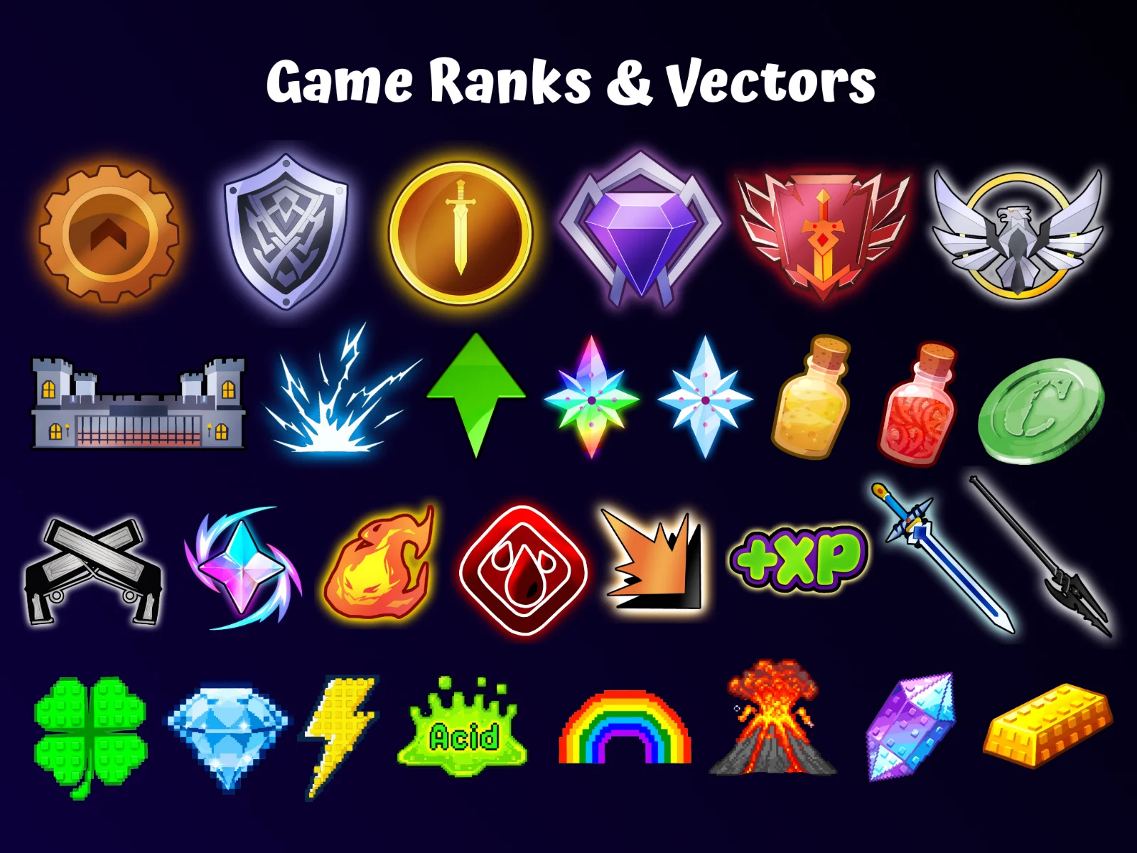 Dark navy sheet titled Game Ranks and Vectors with a grid of twenty-four game icons including gears, shields, gems, a castle, potions, an XP badge, a green acid slime, a rainbow, a volcano, and a gold bar.
