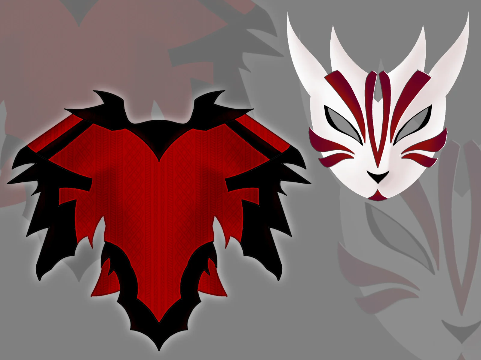 Two stylized graphics on a gray background: a red and black jagged heart emblem on the left and a white fox mask with red markings on the right, with faint translucent duplicates behind them.