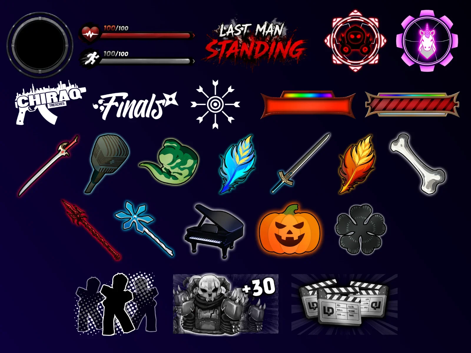 Dark blue sheet of scattered game UI assets including health and stamina bars, logos, swords, feathers, a bone, pumpkin, piano, clover, skull, and clapperboard icons.