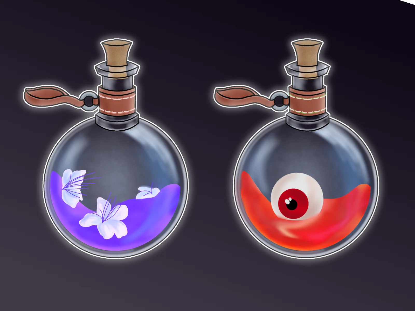 Two round glass potion flasks with cork stoppers and leather neck wraps on a dark background, one holding purple liquid with white flowers and one holding red liquid with a floating eyeball, both glowing white.