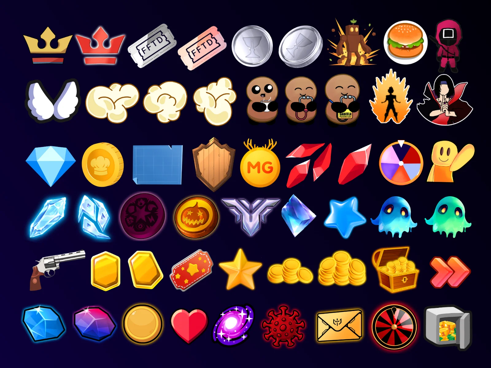 A six by nine grid of game icons on a dark blue background, including crowns, coins, a burger, a pink squid, wings, ghosts, a pumpkin, a revolver, gems, and a treasure chest etc.