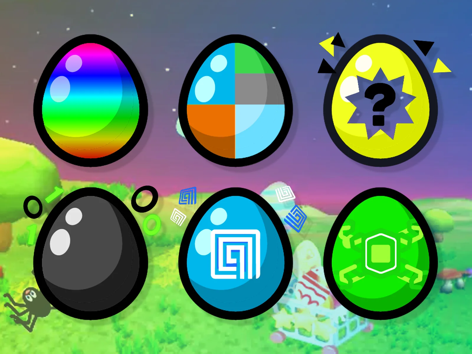Six glossy cartoon eggs in a two-by-three grid over a blurred grassy night background, featuring rainbow, multicolor, starburst, ringed, spiral, and hexagon designs.