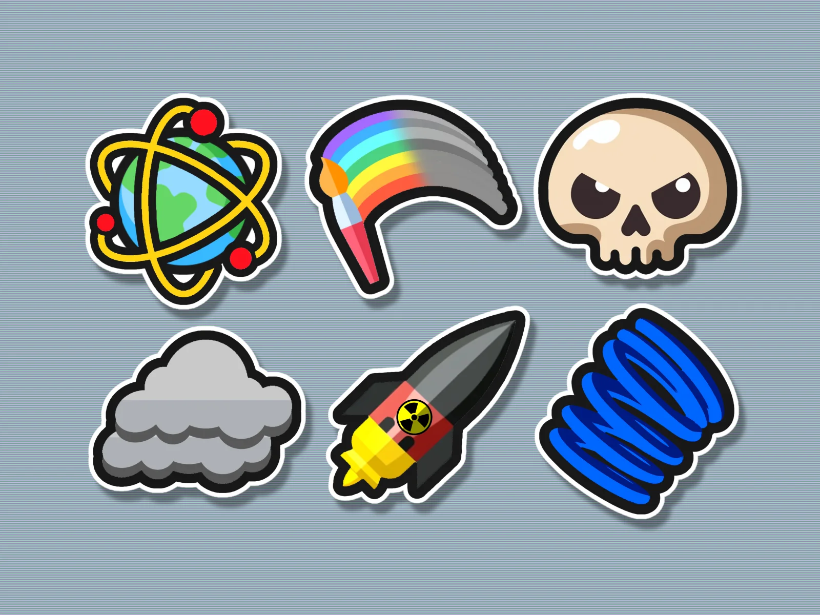 Six cartoon sticker icons with white die-cut borders on a grey striped background: an atom over Earth, a rainbow paintbrush, a skull, a cloud, a rocket, and a blue coil.