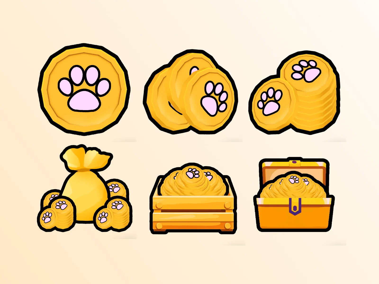 Six cartoon gold coin icons with pink paw prints on a pale beige background, including single coins, stacks, a money bag, a wooden crate, and a treasure chest with thick black outlines.