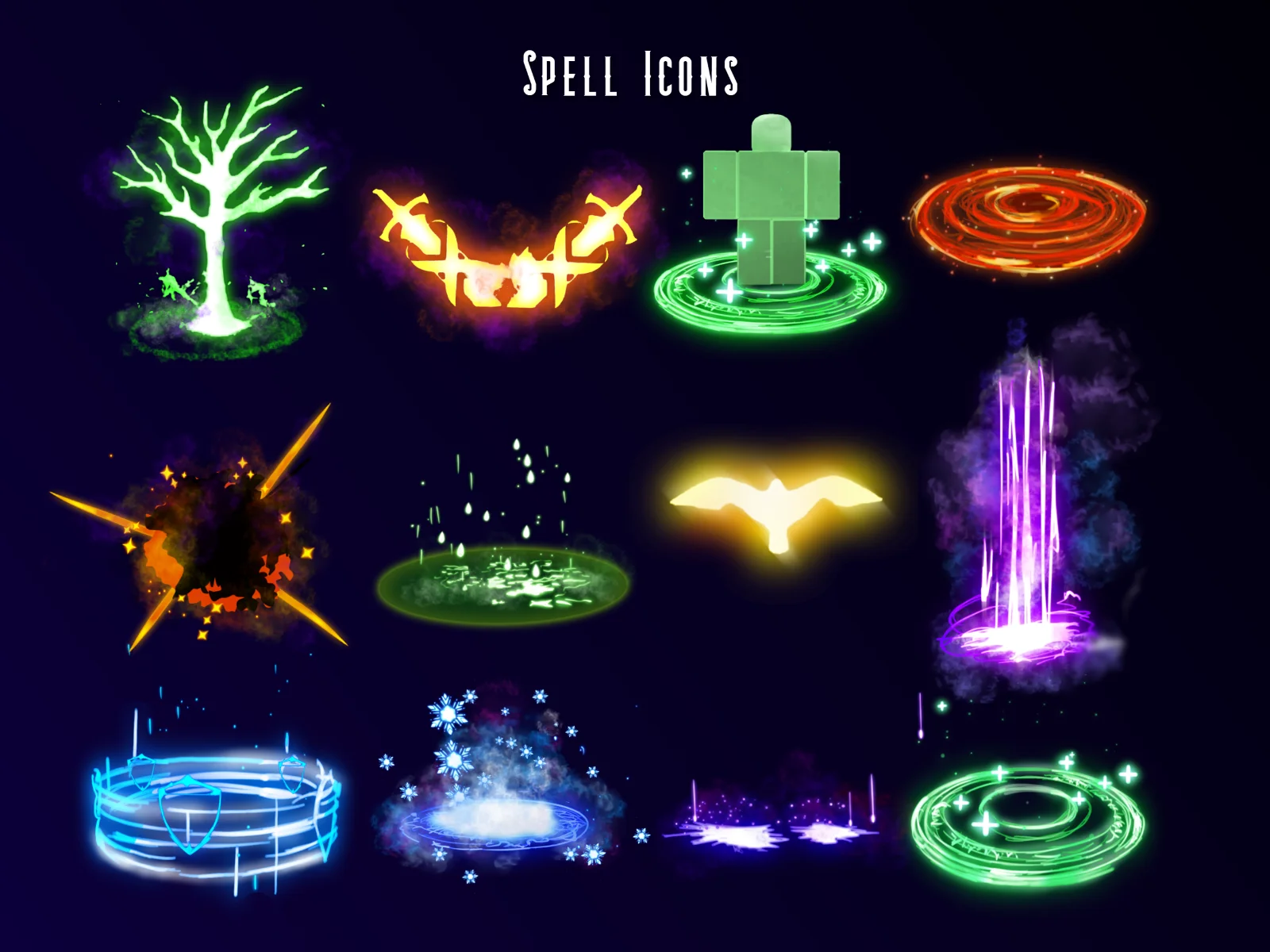 Twelve glowing fantasy spell icons arranged in a three-by-four grid on a dark navy background, including a green tree, crossed orange swords, a red spiral, a blue snowflake, and a yellow bird, under the title Spell Icons.