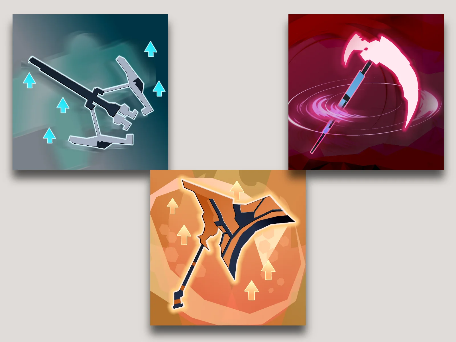 Three square game ability icons on a light gray background: a teal panel with a mechanical pickaxe and cyan arrows, a dark red panel with a glowing pink scythe, and an orange hexagonal panel with a stylized axe.