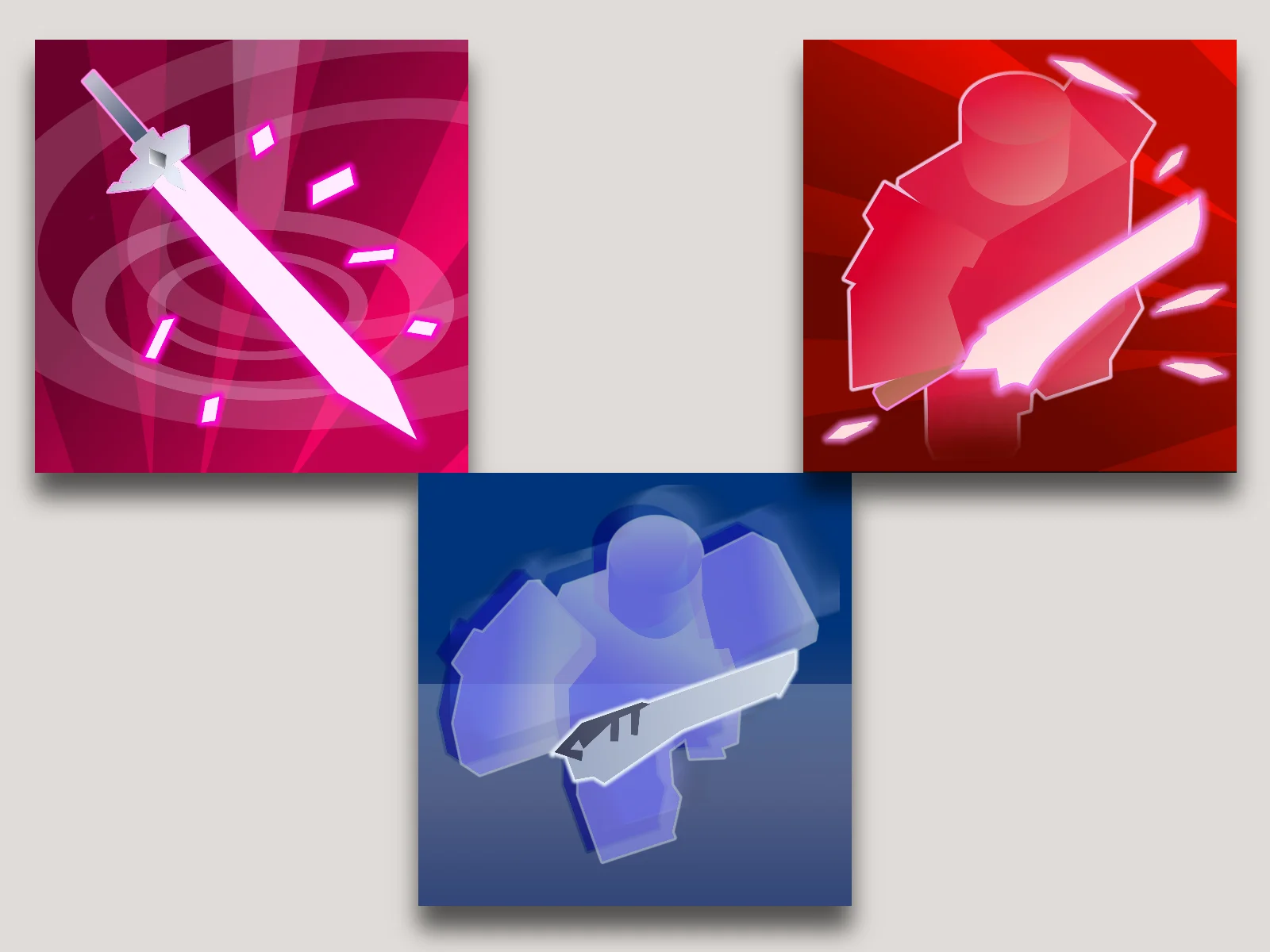 Three square game ability icons on a beige background: a magenta icon with a glowing white sword and rings, a red icon with a blocky humanoid swinging a blade, and a blue icon with a translucent blocky figure holding a grey cleaver.
