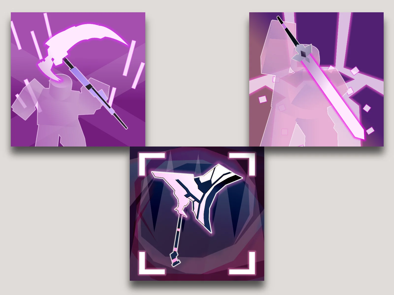 Three square game-item icons on a beige background: a purple blocky figure with a glowing scythe, a pink figure with a neon sword, and a black and white axe in a corner-bracket frame.