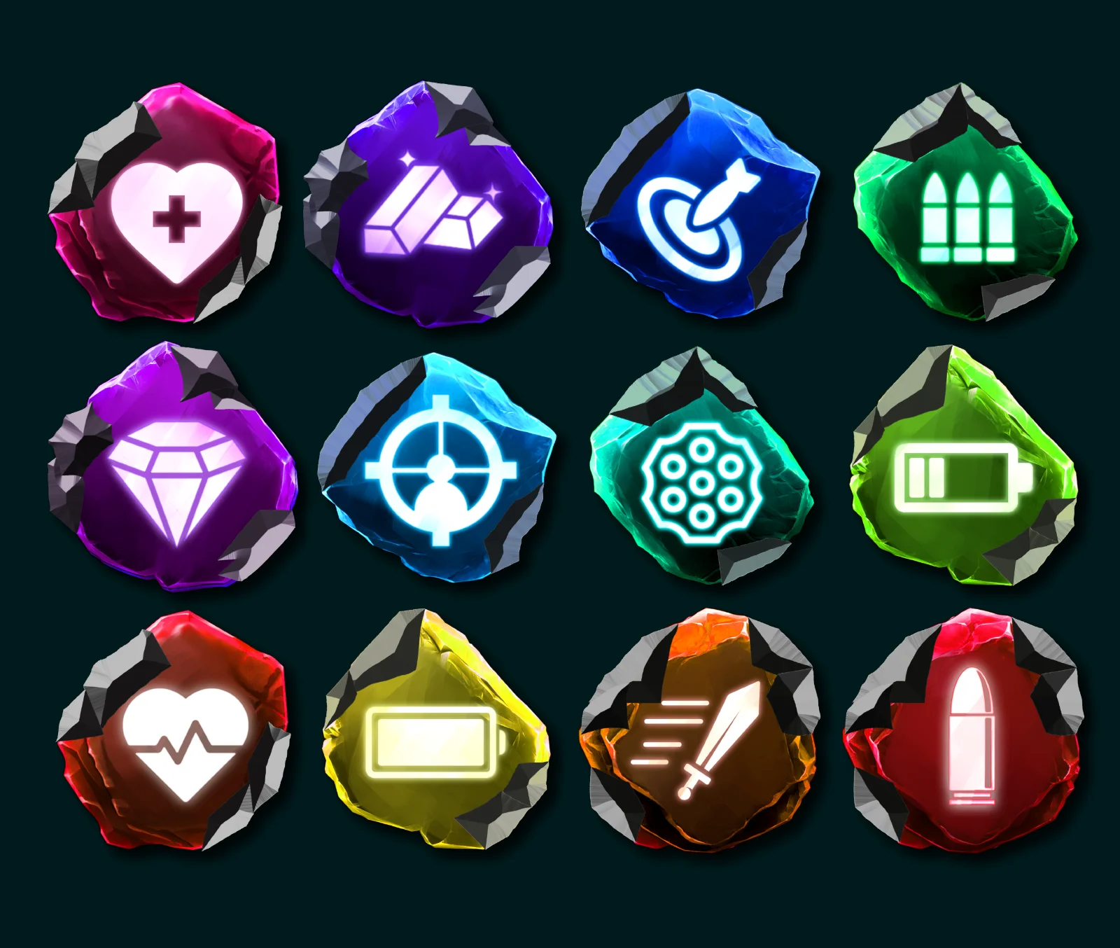 A three-by-four grid of faceted gemstone game icons on a dark teal background, including a pink heart, purple ingots, blue target, green and yellow batteries, and a red heartbeat pulse.