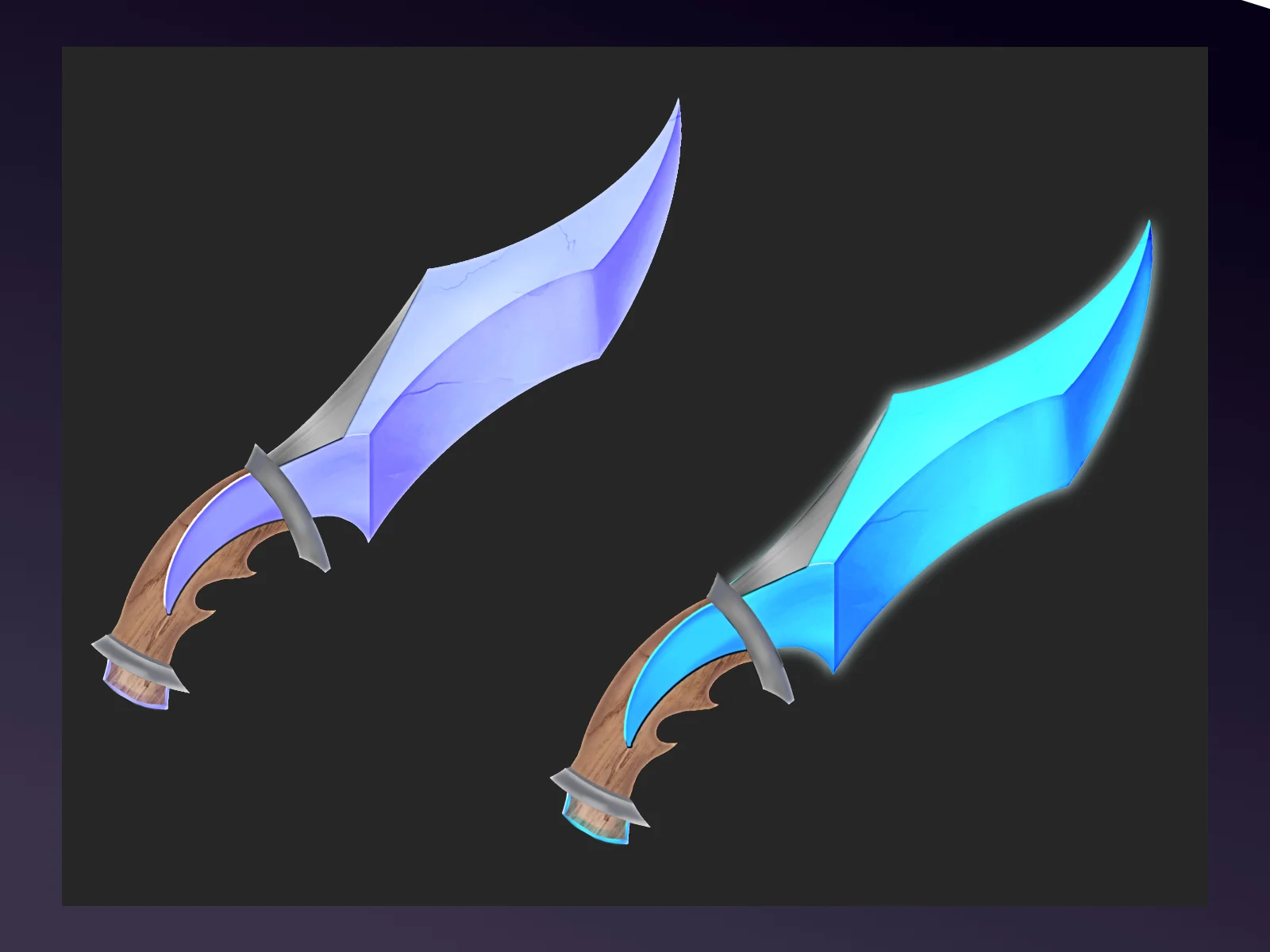 Two stylized fantasy daggers with curved blades, one glowing purple and one glowing cyan, with brown textured grips and grey crossguards on a dark grey panel with a purple border.