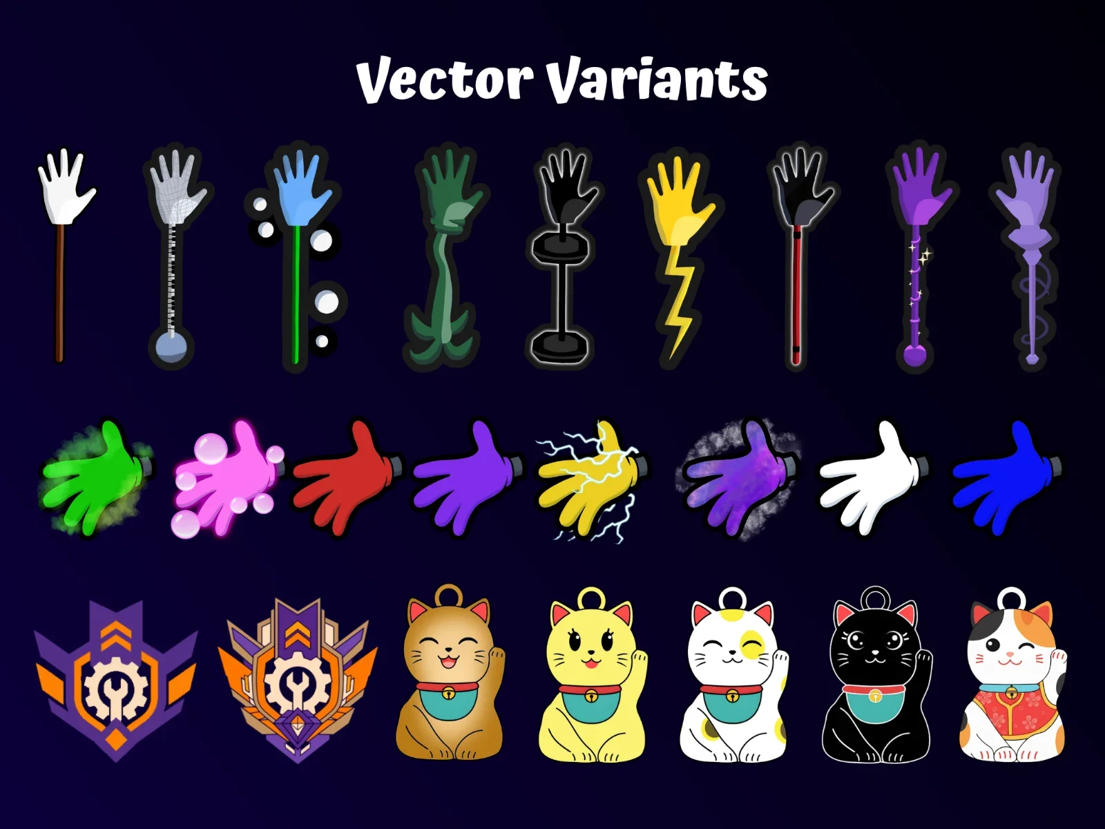 A dark blue sheet titled Vector Variants with three rows of icons: stylized hands with varied stems, glowing energy hands, and purple gear emblems beside maneki-neko cats in different colors.