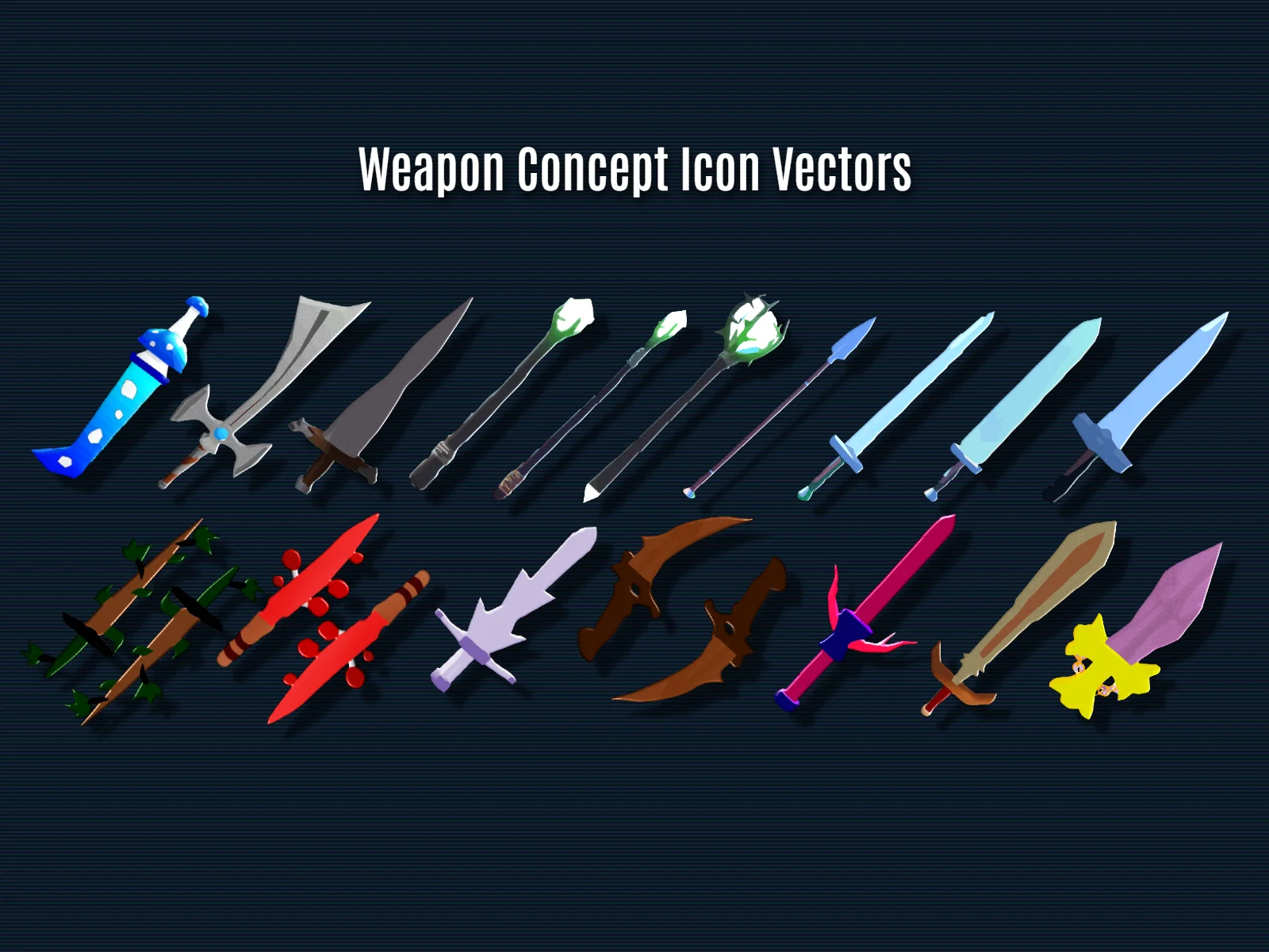 Two rows of stylized fantasy weapon icons including swords, staves and daggers in blue, green, red, purple and yellow on a dark blue scanline background.