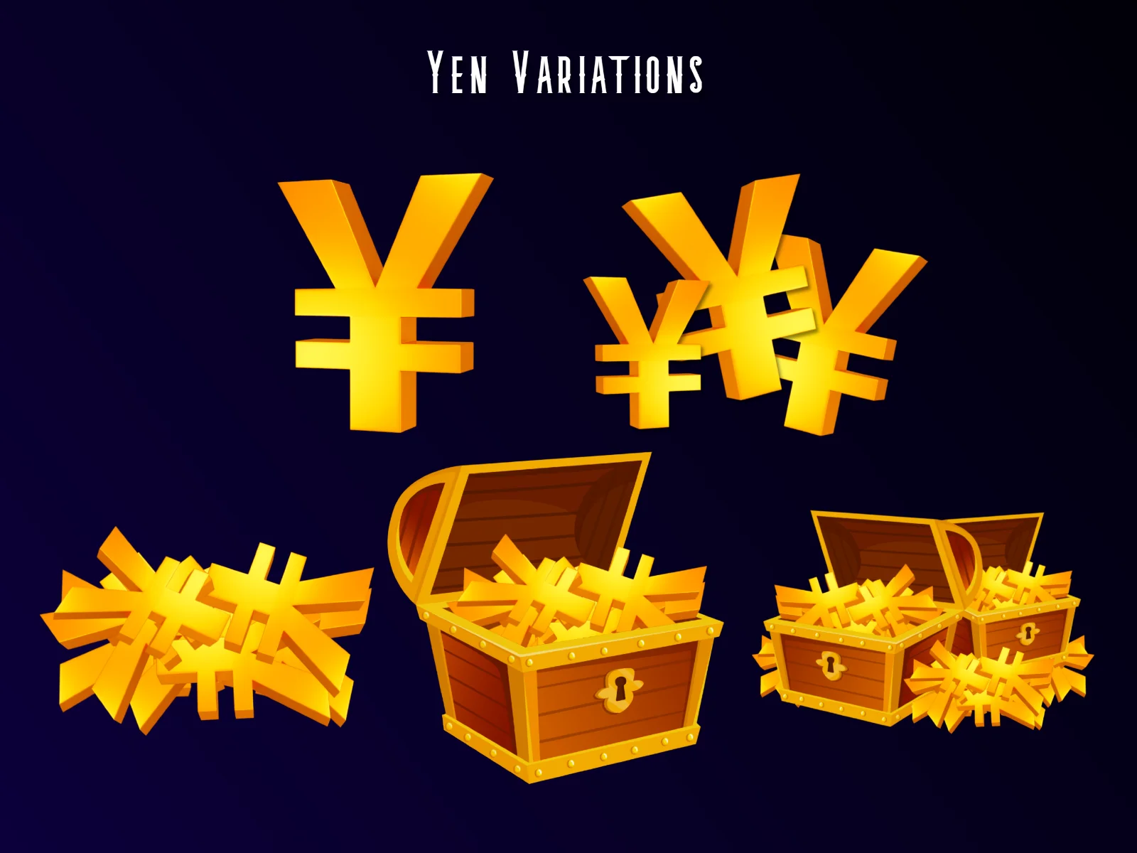 Dark navy poster titled YEN VARIATIONS showing gold 3D yen symbols, two wooden treasure chests with gold trim overflowing with gold coins, and clustered yen glyphs in corners.